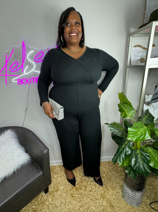Ribbed Knit Black Jumpsuit With Pockets